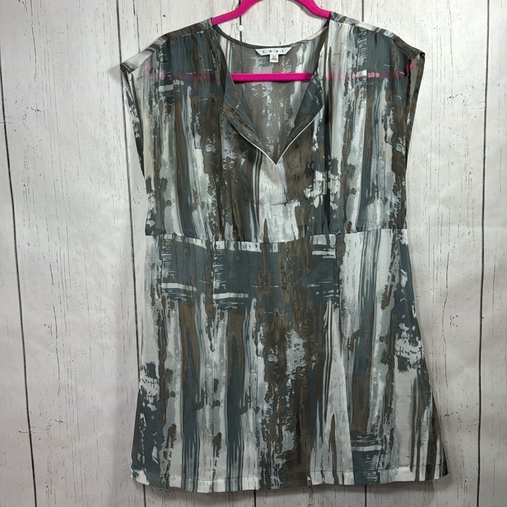 CAbi Womens Sleeveless Sheer Flowy Abstract Gray White Career Tunic Top Blouse
